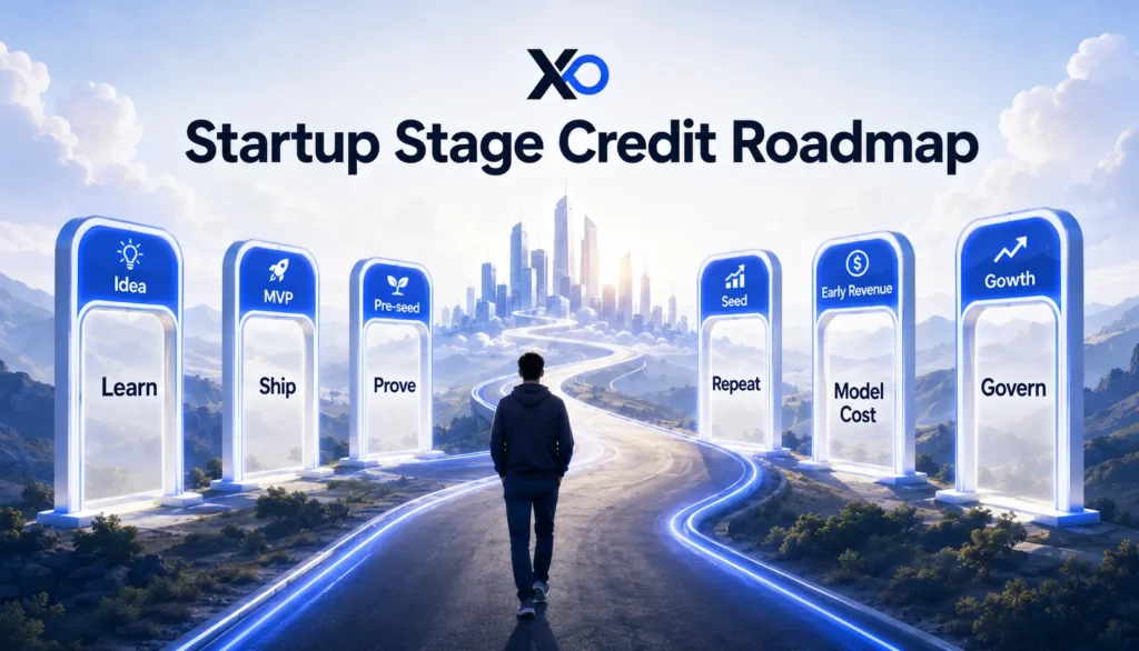 Roadmap visual showing startup stages from idea to growth with different credit priorities at each stage