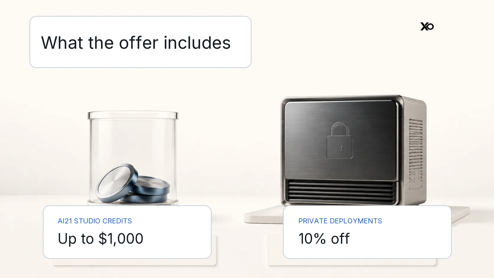 AI21 startup offer visual showing $1,000 in AI21 Studio credits and 10% off private deployments.