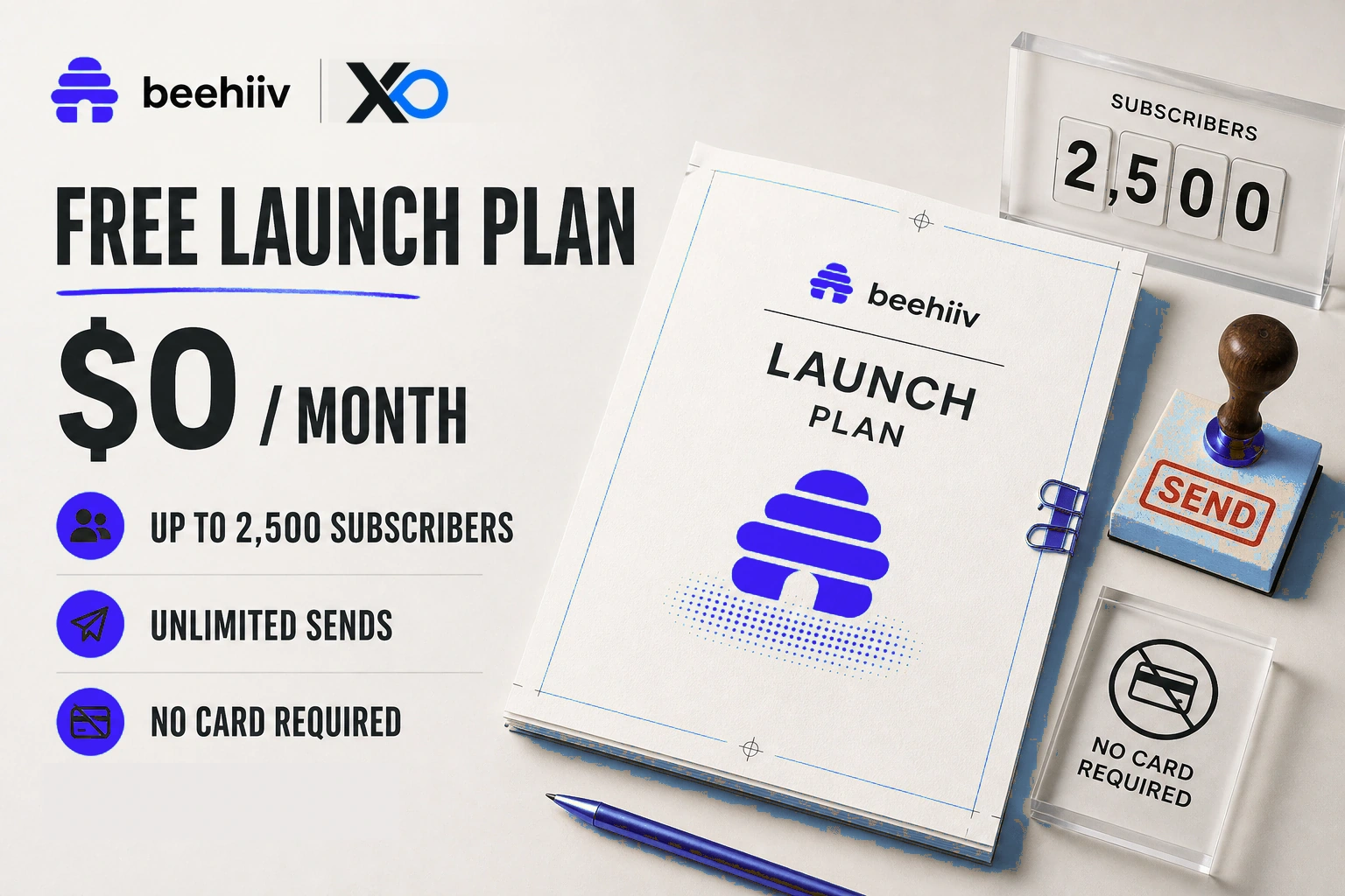 beehiiv Free Launch plan with $0 monthly price, 2,500 subscribers, unlimited sends and no card required