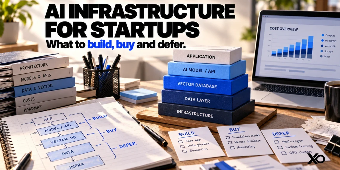 AI infrastructure for startups: a technical planning workspace and a founder decision headline.