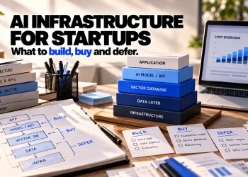 AI infrastructure for startups: a technical planning workspace and a founder decision headline.