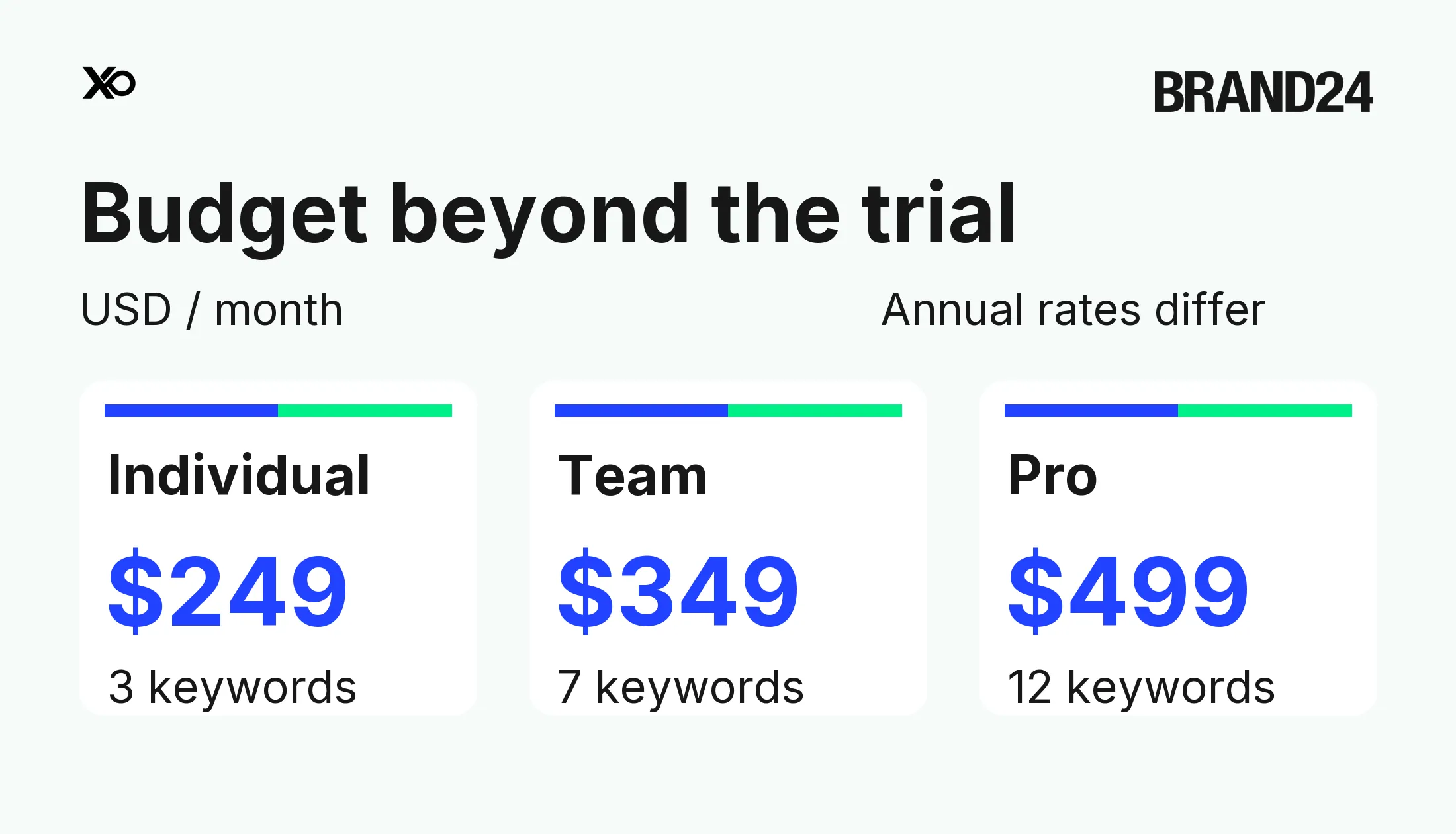 Brand24 Individual, Team and Pro monthly prices compared with their keyword limits.