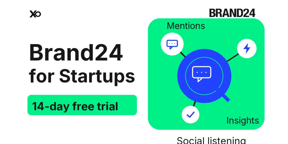 Brand24 startup trial cover with a connected conversation and listening diagram.