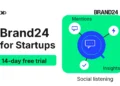 Brand24 startup trial cover with a connected conversation and listening diagram.