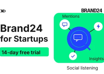 Brand24 startup trial cover with a connected conversation and listening diagram.