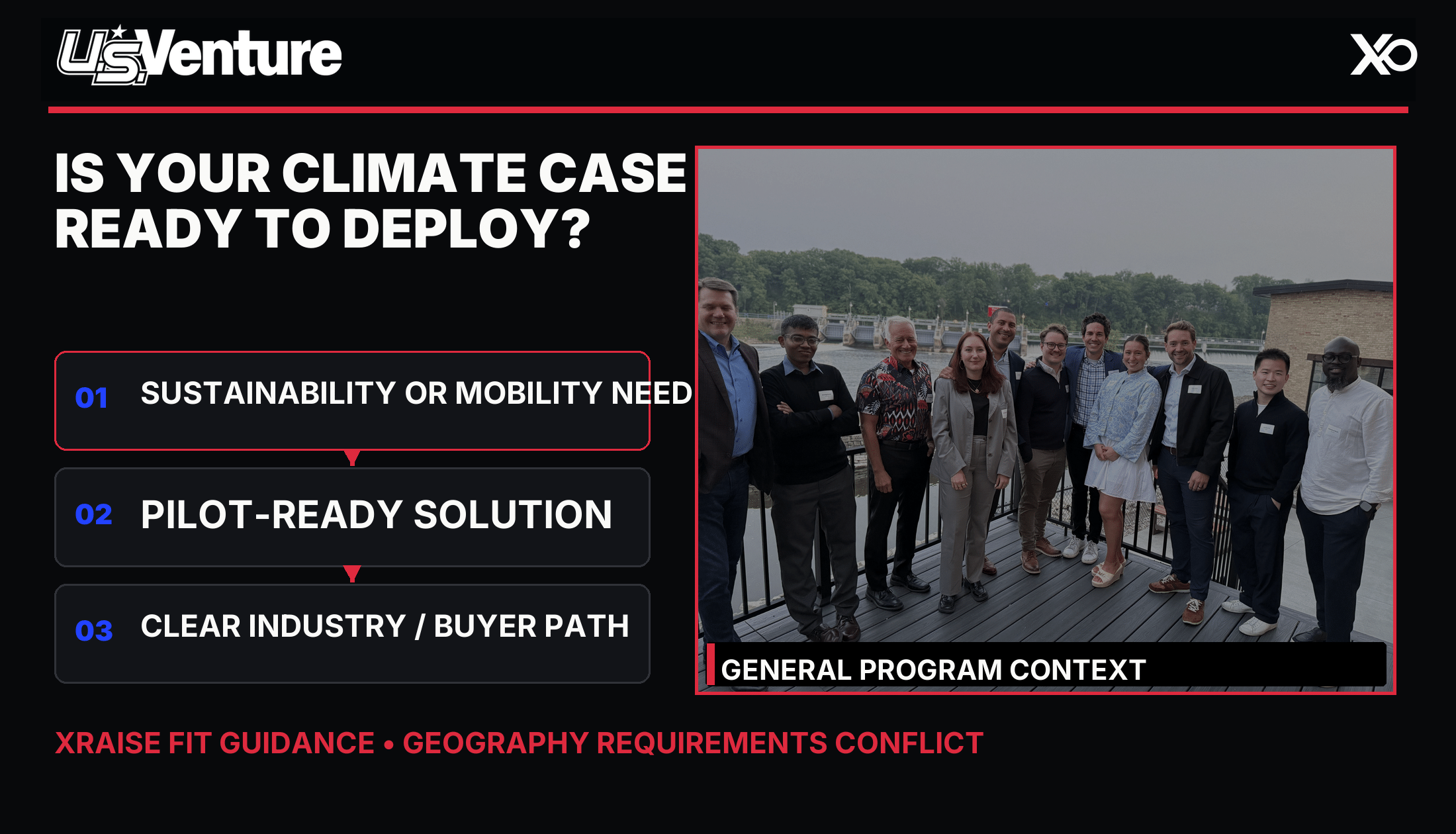 U.S. Venture Sustainability Accelerator founder fit and application preparation visual: XRAISE FIT GUIDANCE • GEOGRAPHY REQUIREMENTS CONFLICT.