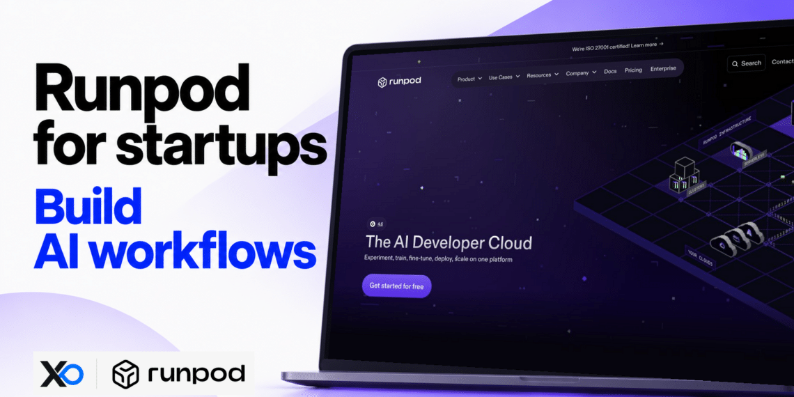 RunPod for startups: build AI workflows, with the verified current RunPod homepage shown on a laptop.