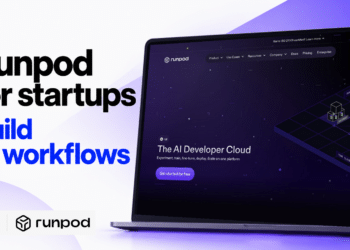 RunPod for startups: build AI workflows, with the verified current RunPod homepage shown on a laptop.