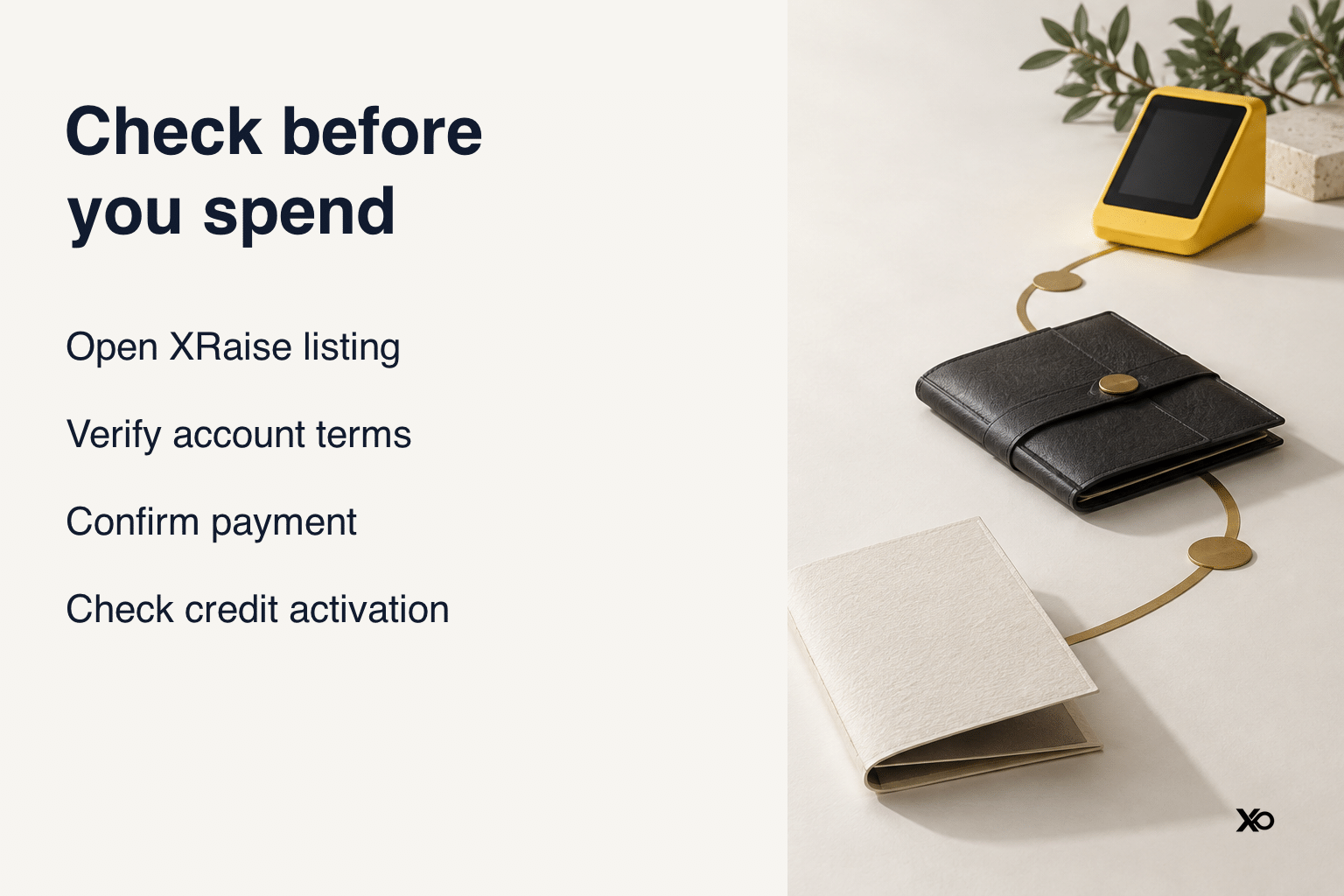Open XRaise listing, verify account terms, confirm payment and check credit activation.