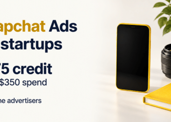 Snapchat in golden yellow, Ads for startups in dark text; $375 credit after $350 spend for first-time advertisers.
