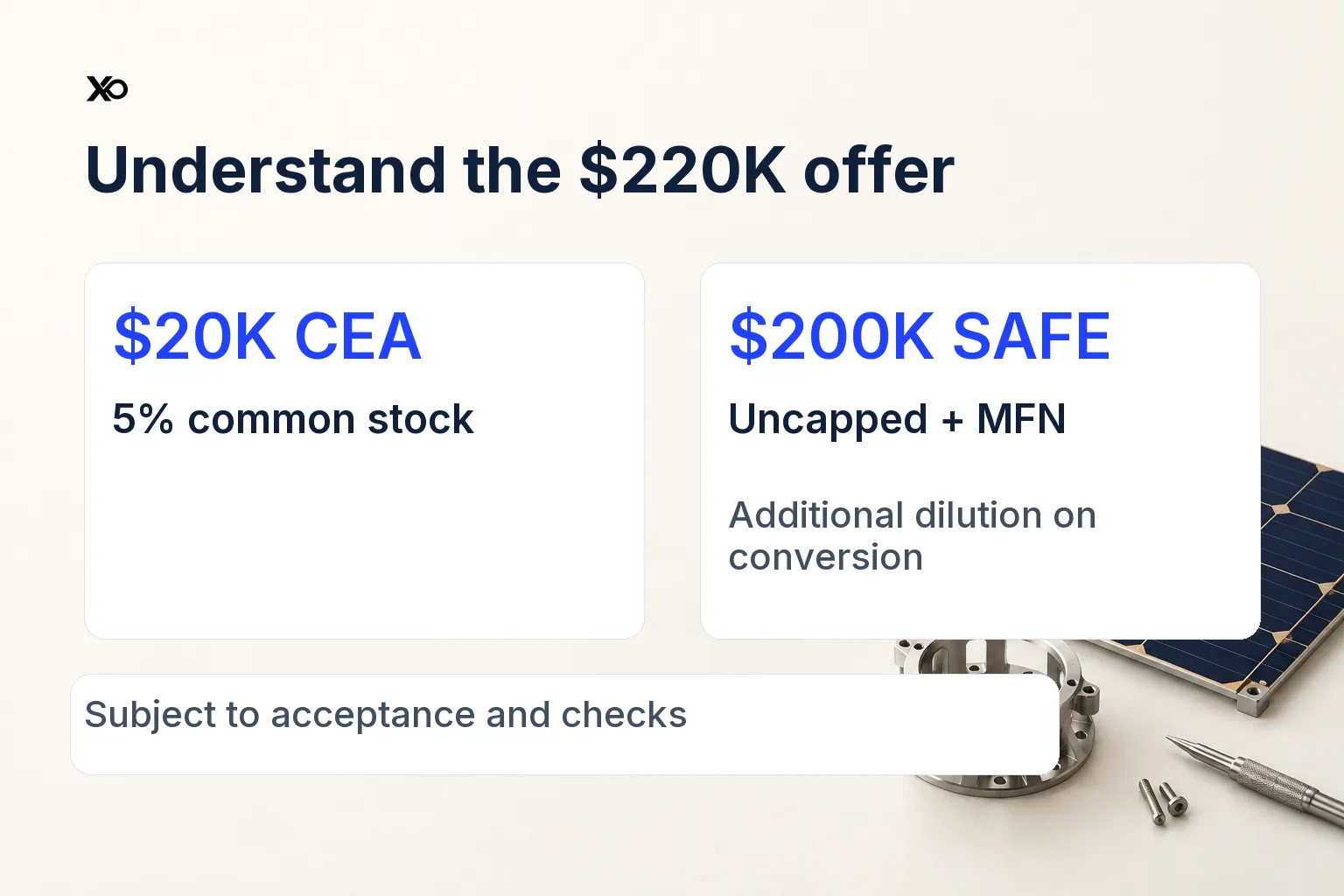 Techstars offer split into a $20,000 CEA for 5% common stock and a $200,000 uncapped MFN SAFE with additional dilution.